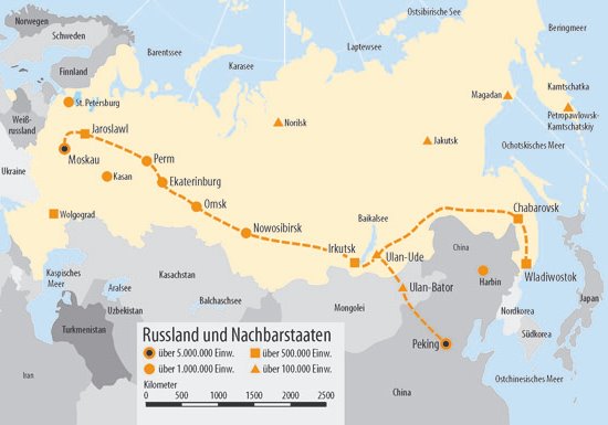 Transsibirische Eisenbahn, Transsib: Ost/West und West/Ost Routen, Landkarte Russland-China-Mongolei